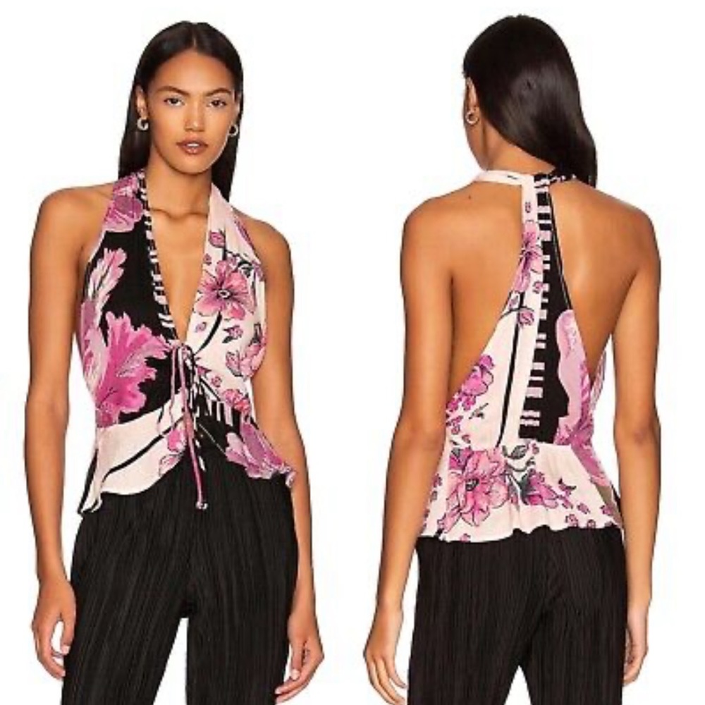 Nwt Free People Sz XS Hot Tropics Floral Halter V-Neck Peplum Tank Top - Choos…